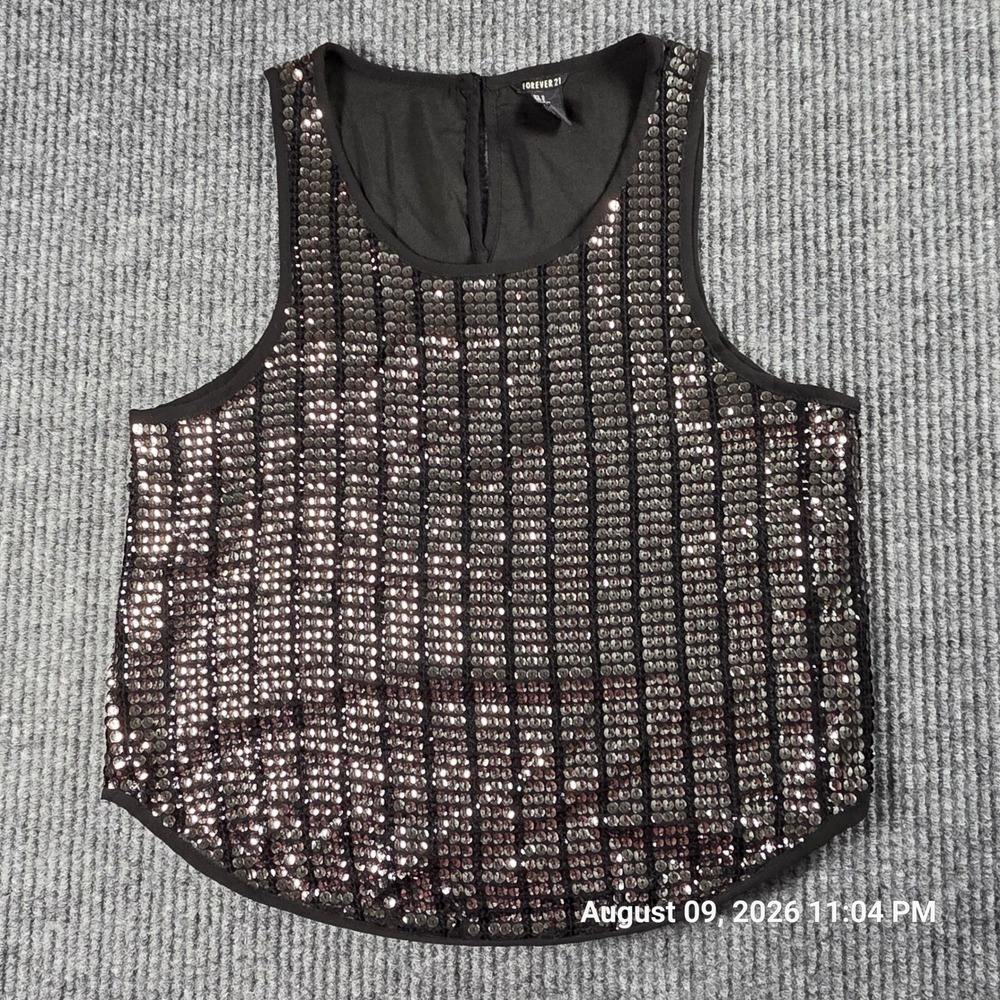 Forever 21 Womens Sequin Tank Top Black Silver Sparkle Party Crop Top Small